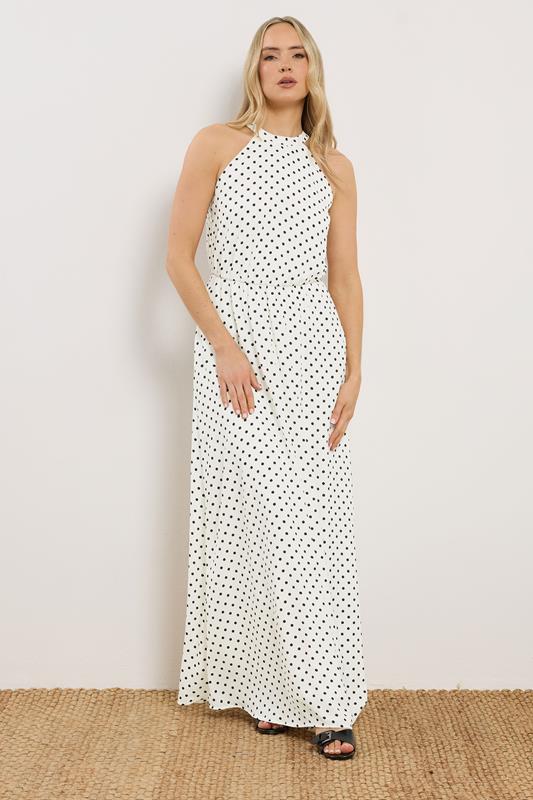 LTS Tall Women's White Satin Polka Dot Halter Neck Dress | Long Tall Sally 1