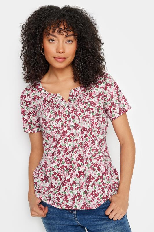 M&Co Pink Floral Print Cotton Short Sleeve Henley Top | M&Co 2