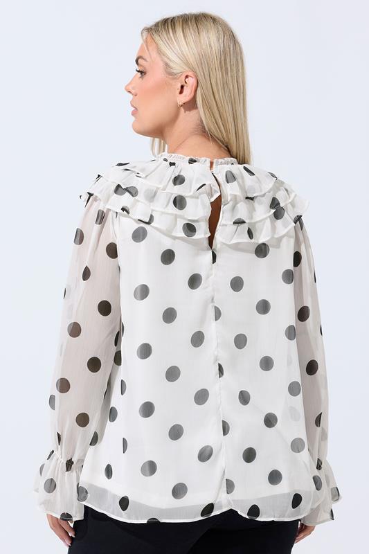 LIMITED COLLECTION Plus Size White Polka Dot Frill Neck Blouse | Yours Clothing 1