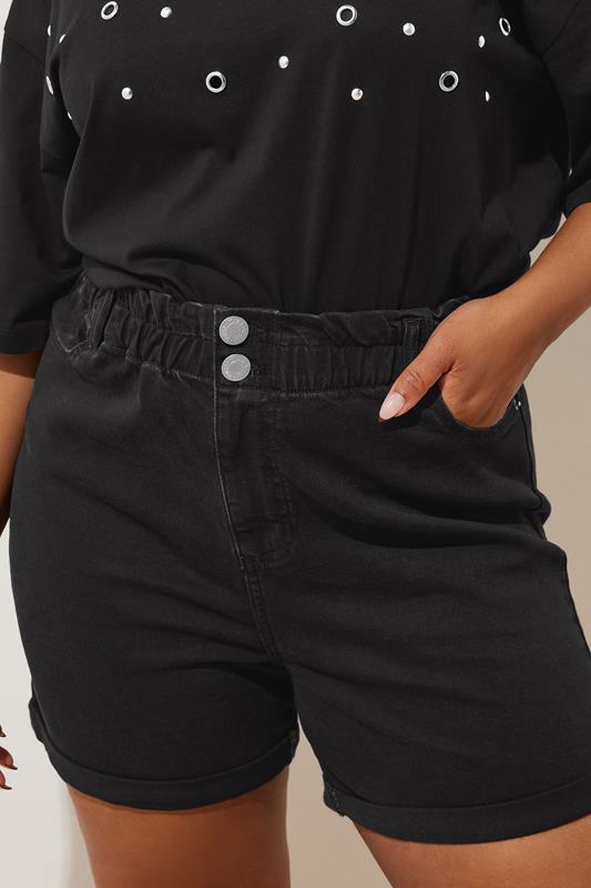 YOURS Plus Size Black Washed Elasticated Waist Turn Up Denim Shorts | Yours Clothing 4