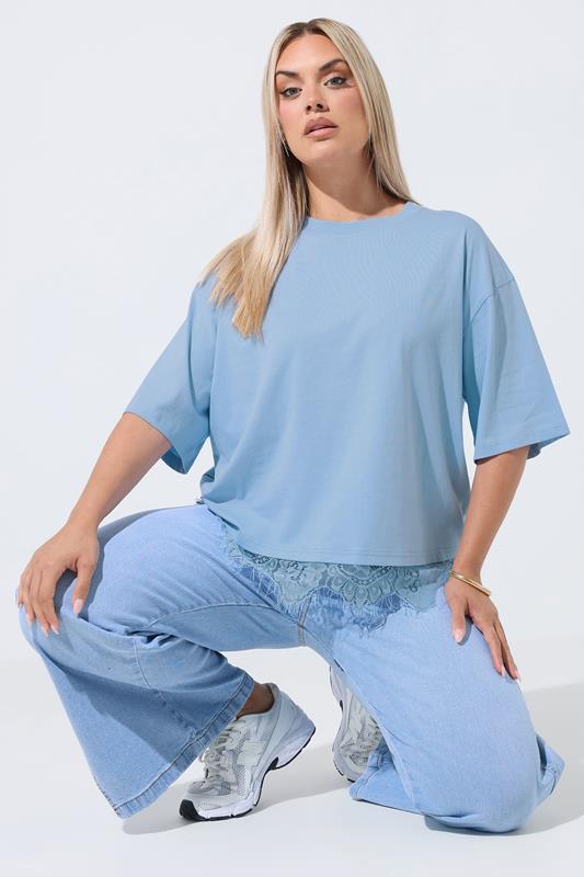 LIMITED COLLECTION Plus Size Light Blue Oversized Lace Hem T-Shirt | Yours Clothing 1