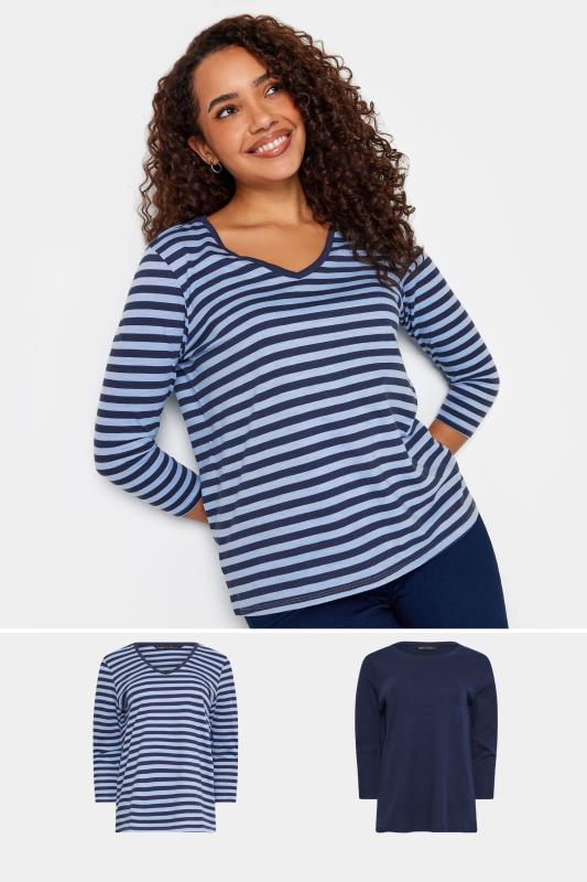 M&Co 2 Pack Navy Blue Plain & Stripe V-Neck Cotton T-Shirts | M&Co 1