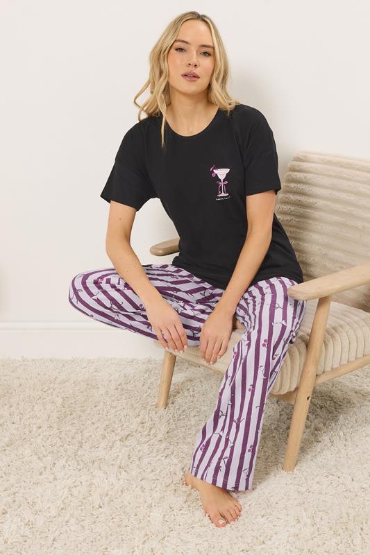 LTS Tall Women's Black 'Happy Hour' Cocktail Cotton Wide Leg Pyjama Set | Long Tall Sally 1