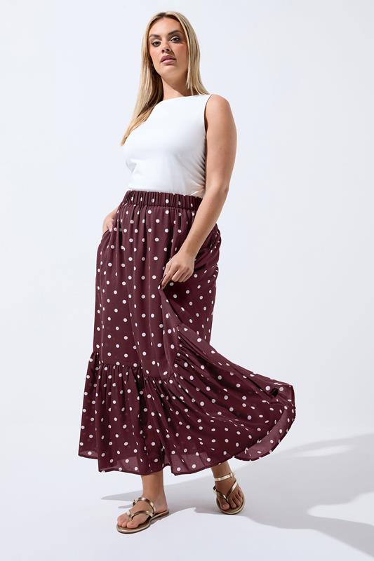LIMITED COLLECTION Curve Burgundy Red Polka Dot Tiered Maxi Skirt