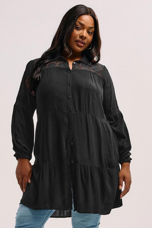 YOURS Plus Size Black Tiered Lace Shirt | Yours Clothing  1