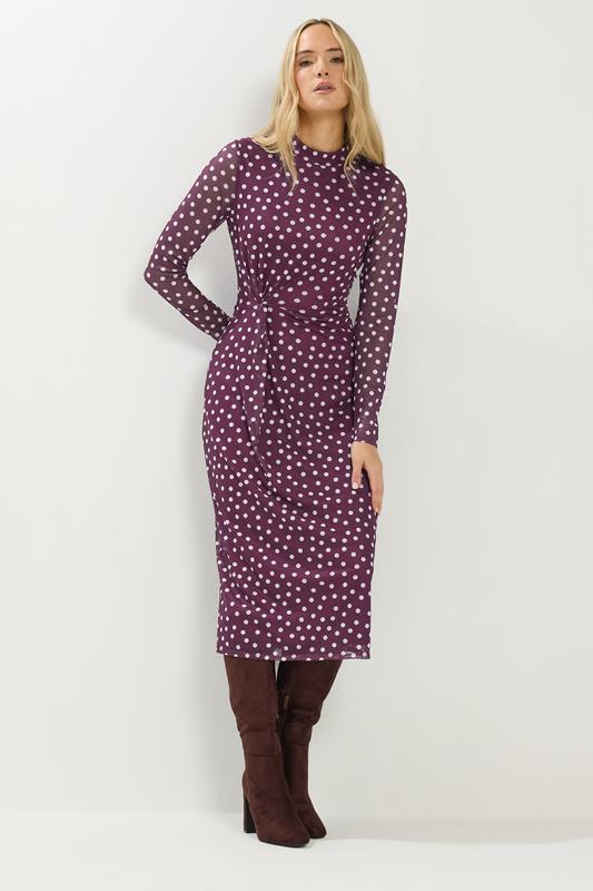 LTS Tall Berry Red Polka Dot Mesh Long Sleeve Maxi Dress | Long Tall Sally 1