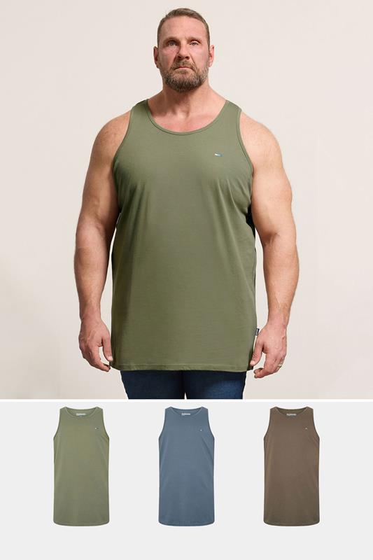 BadRhino Big & Tall 3 Pack Blue/Green/Brown Extra Long Plain Vest Top | BadRhino 1