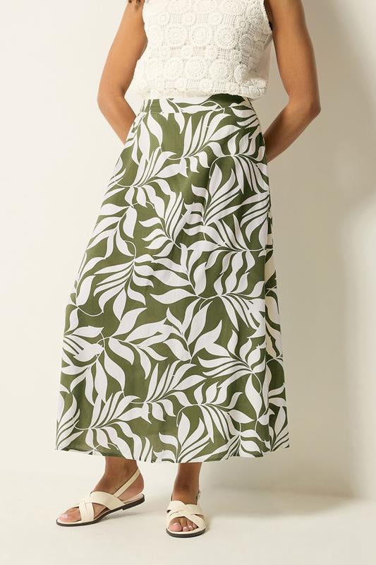  M&Co Khaki Green Leaf Print Midi Skirt