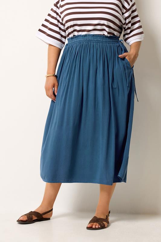 YOURS Plus Size Blue Chambray Midi Skirt | Yours Clothing 1