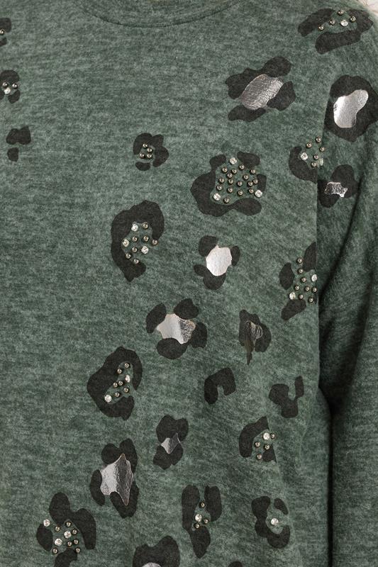 YOURS Plus Size Green Leopard Animal Print Stud Jumper | Yours Clothing 4