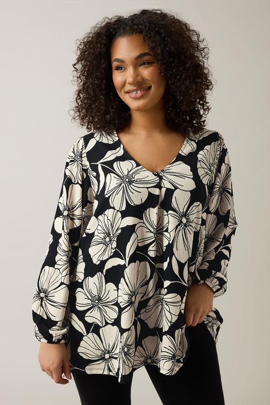 EVANS Plus Size Black Contrast Floral Jersey Crepe Top | Evans 1