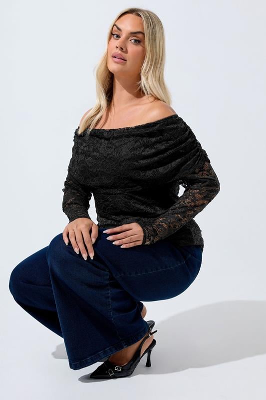 LIMITED COLLECTION Plus Size Black Lace Bardot Top | Yours Clothing 1