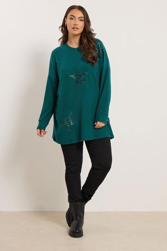 YOURS Plus Size Teal Green Sequin Embellished Star Jumper | Yours Clothing 1