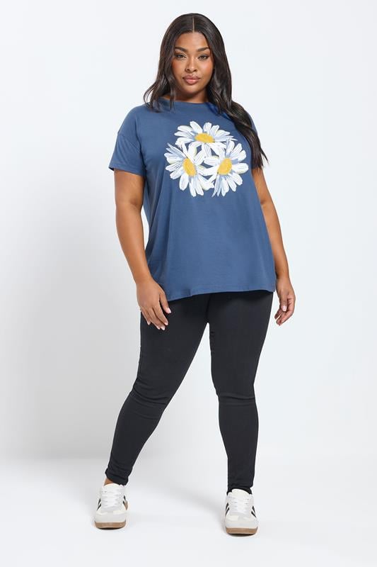 YOURS Plus Size Blue Daisy Embellished Graphic T-Shirt | Yours Clothing 1