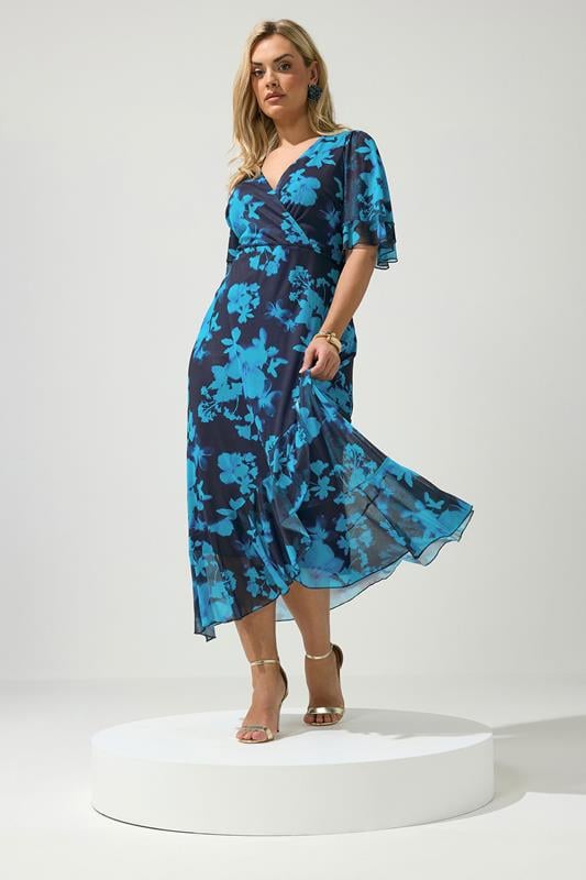 YOURS LONDON Curve Navy Blue Floral Mesh Ruffle Hem Dress