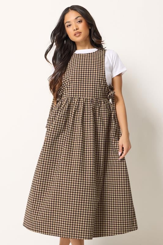 PixieGirl Petite Brown Gingham Tie Side Pinafore Dress