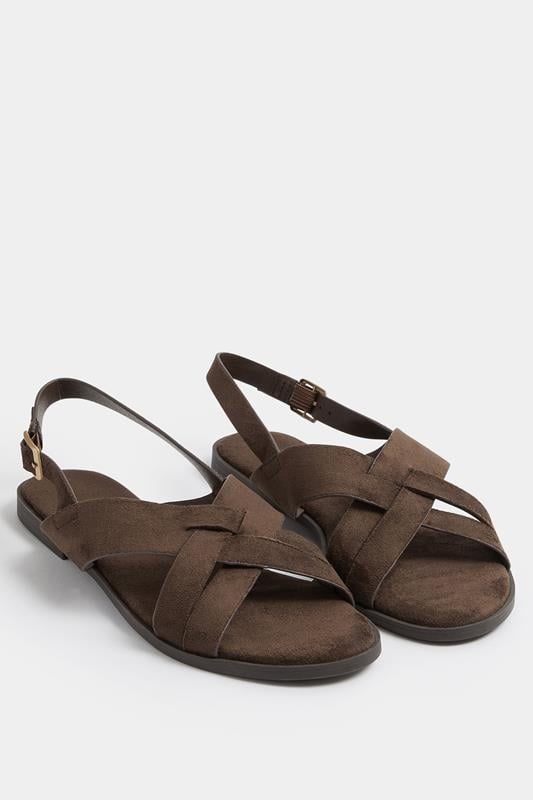 Brown Faux Suede Cross Over Strap Sandals In Wide E Fit
