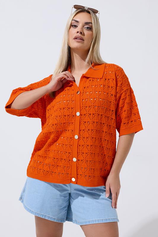 LIMITED COLLECTION Plus Size Orange Crochet Shirt | Yours Clothing 1