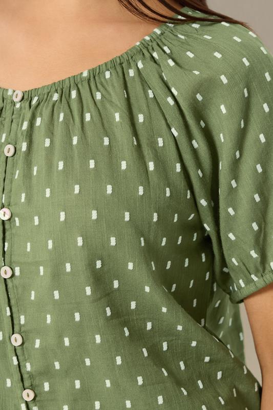 M&Co Petite Khaki Green Dobby Button Up Cotton Blouse | M&Co 4