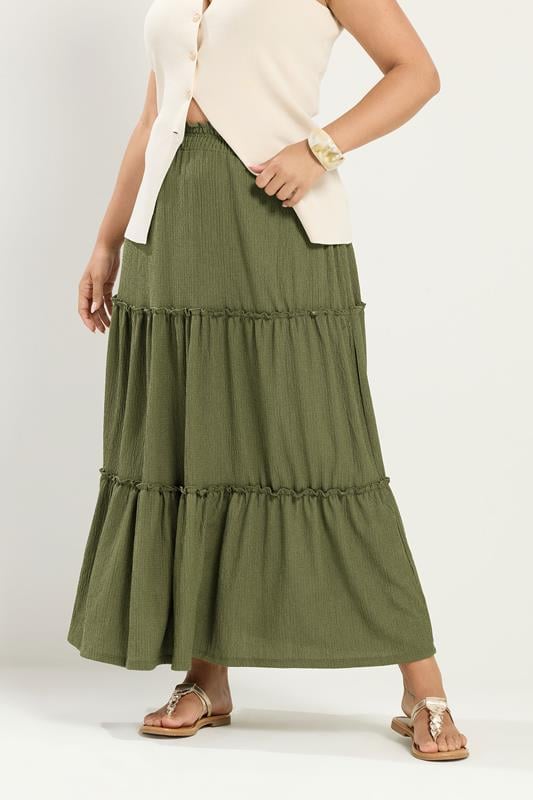 YOURS Plus Size Khaki Green Tiered Maxi Skirt | Yours Clothing 1