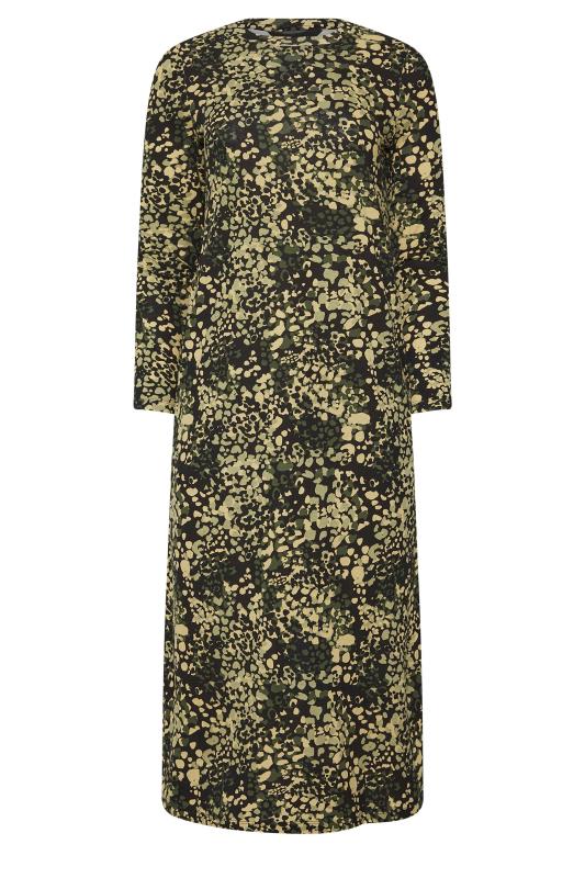 PixieGirl Petite Women's Khaki Green Abstract Animal Long Sleeve Cotton T-Shirt Dress | PixieGirl 6