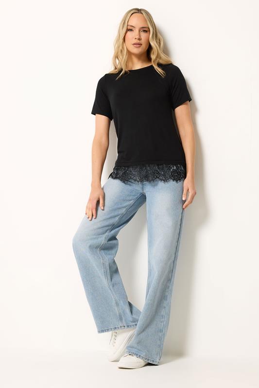 LTS Tall Women's Black Lace Hem Detail T-Shirt | Long Tall Sally 1