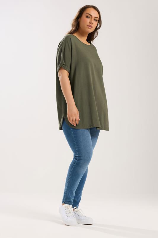 YOURS Plus Size Khaki Green Linen Boxy T-Shirt | Yours Clothing 1