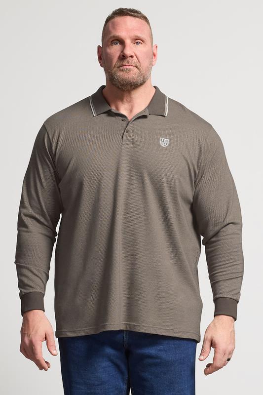  BadRhino Big & Tall Brown Textured Waffle Long Sleeve Polo Shirt