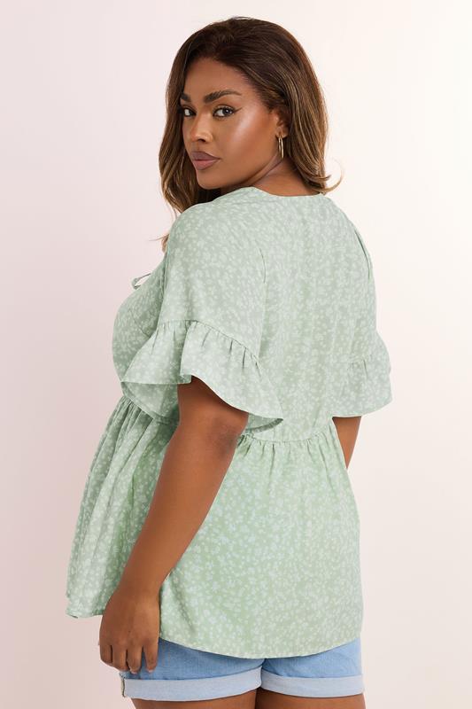 YOURS Plus Size Sage Green Ditsy Floral Tie Front Peplum Top | Yours Clothing 2