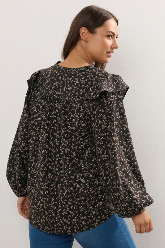 YOURS Plus Size Black Leaf Print Frill Top | Yours Clothing 2