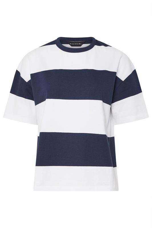 PixieGirl Petite Women's Navy Blue Striped Cotton Boxy T-Shirt | PixieGirl 5