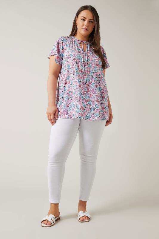EVANS Plus Size Pink Floral Print Tie Neck Blouse | Evans 1