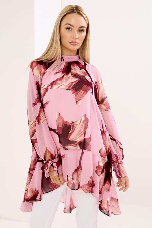 STAR Pink Floral Print Dipped Hem Tunic Top