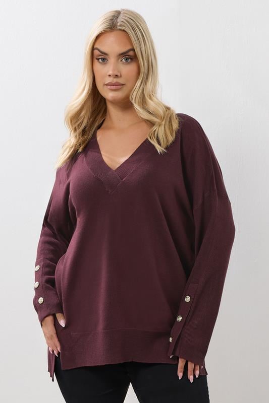 YOURS Curve Purple Button V-Neck Jumper