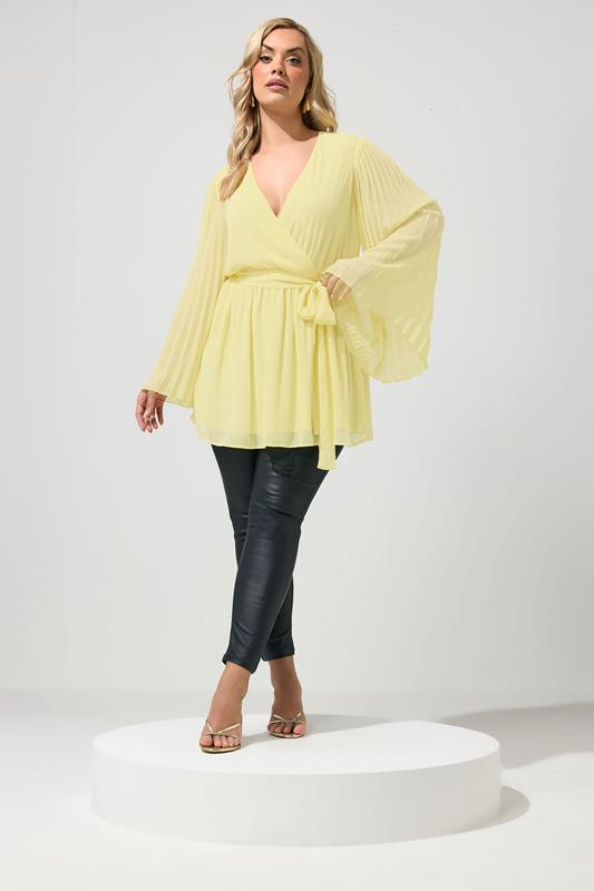 YOURS LONDON Plus Size Yellow Pleat Sleeve Wrap Top | Yours Clothing 1