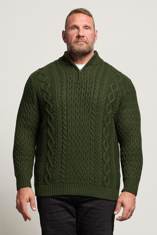 BadRhino Big & Tall Dark Green Cable Knit Quarter Zip Jumper