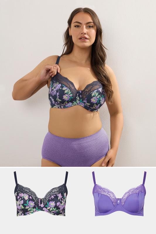 YOURSET 2 PACK Plus Size Black & Purple Floral Underwired Bras | Yours Clothing 1