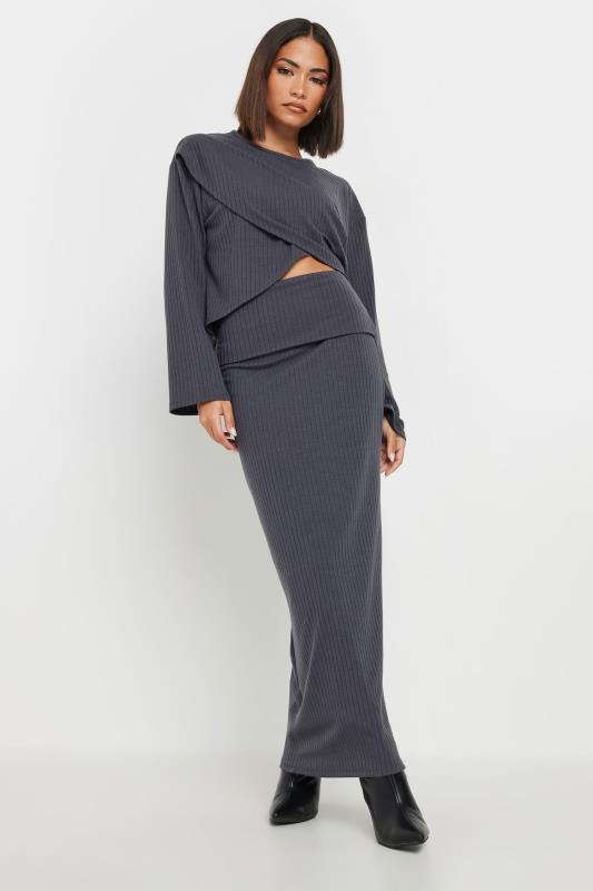 PixieGirl Petite Women's Grey Cross Over Long Sleeve Ribbed Top | PixieGirl 1