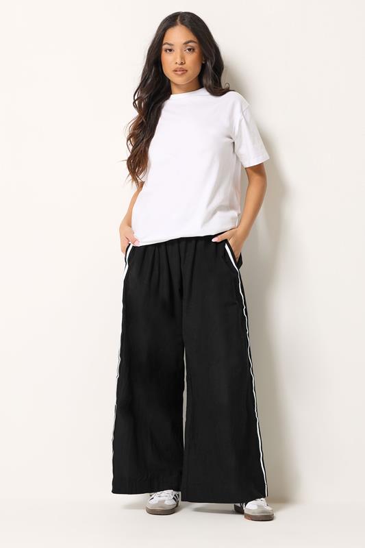 PxieGirl Petite Women's Black Side Stripe Linen Wide Leg Trousers | PixieGirl 1