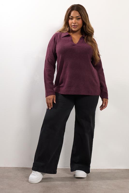 YOURS Plus Size Burgundy Red Collared Knitted Jumper | Yours Clothing 2
