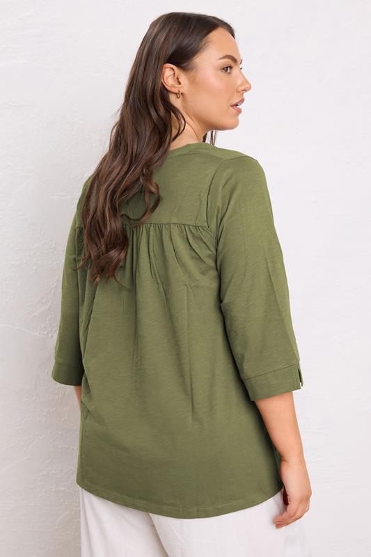 EVANS Plus Size Khaki Green Pleat Front Henley Top | Evans 2