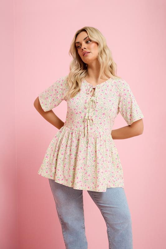 YOURS Plus Size Ivory White Floral Bow Front Peplum Top | Yours Clothing 1