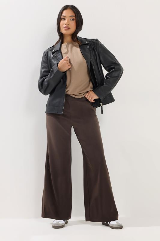 PixieGirl Petite Women's Chocolate Brown Scuba Wide Leg Trousers  1