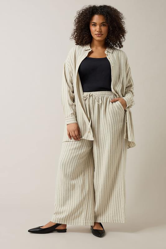 EVANS Plus Size Natural Brown Stripe Print Premium Linen Trousers | Evans 1
