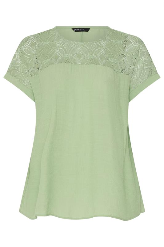 EVANS Plus Size Green Lace Detail Short Sleeve Top | Evans  5