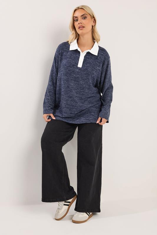 YOURS Plus Size Navy Blue Rugby Collar Soft Touch Top | Yours Clothing 2