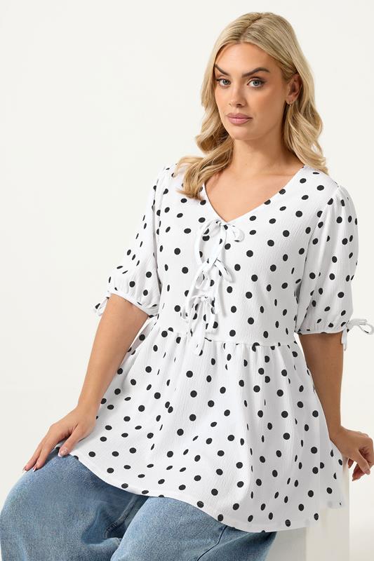 YOURS Curve White Polka Dot Bow Front Peplum Top
