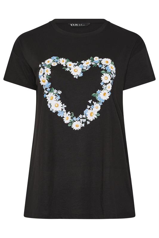 YOURS Plus Size Black Daisy Heart T-Shirt | Yours Clothing 5