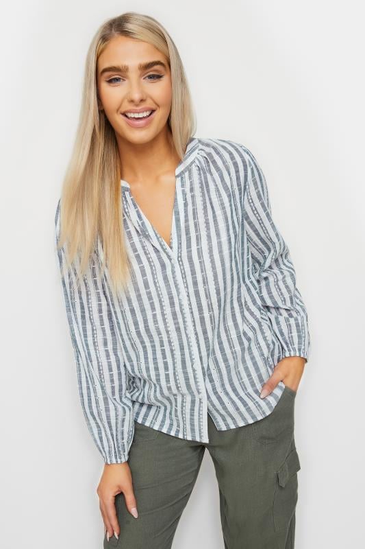 Women's  M&Co Blue & White Striped Collarless Embroidered Cotton Shirt