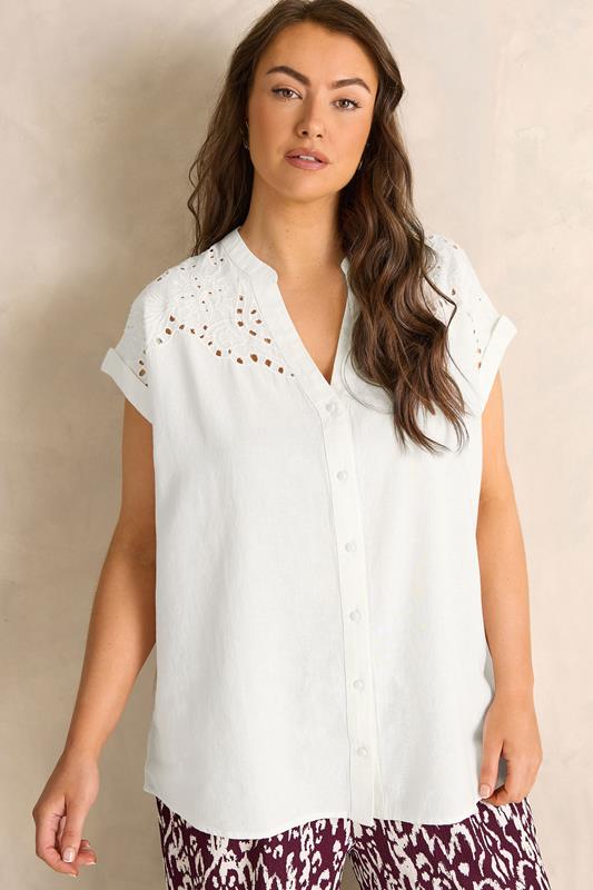 EVANS Curve White Embroidered Shoulder Linen Blend Shirt